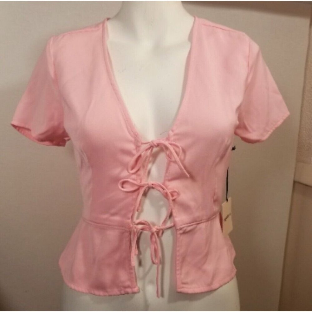 Superdown Ciara Womens Top Size XS Pink Short Sleeve Tie-Front Cropped Lined New